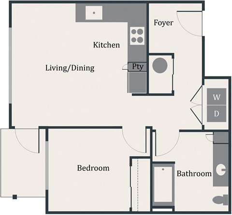 Floor plan for 1 bed, 1 bath, 619 sqft
